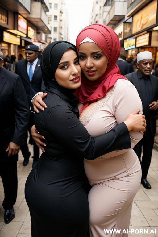 smiycurvy arabic busty wearing hijab and lingerie hugged from black grandpa in crowded street - #main