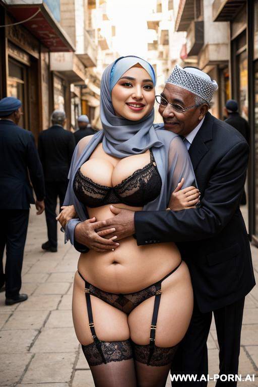 smiling curvy egyptian busty wearing hijab and lingerie hugged from black grandpa in crowded street - #main