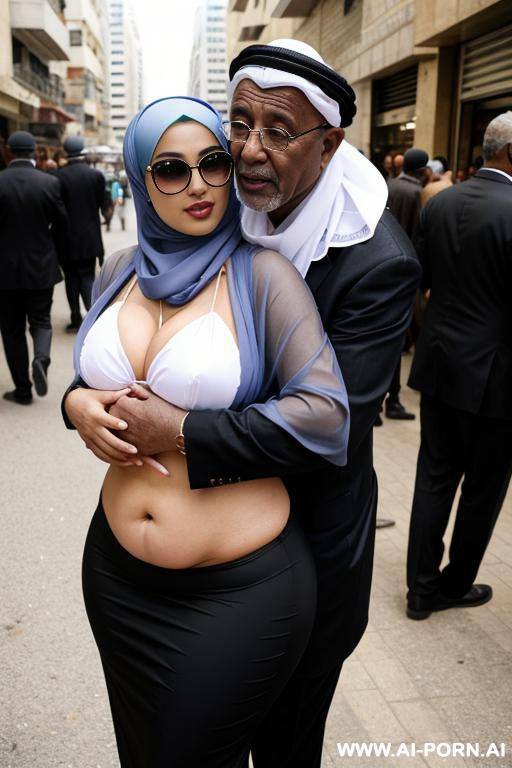 smiycurvy arabic busty wearing hijab and bikini hugged from black grandpa in crowded street - #main