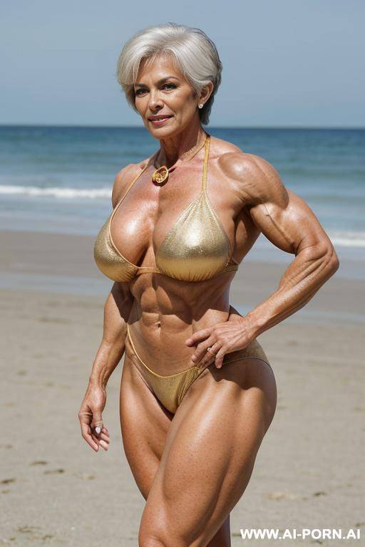 ((sexy hot old mom mature attractive milf)) (gold bikini) (necklace) ((sexy standing pose, direct eye contact)) (((oversize huge gigantic boobs))) (wide hips, massive thighs) (((choose the most - #main