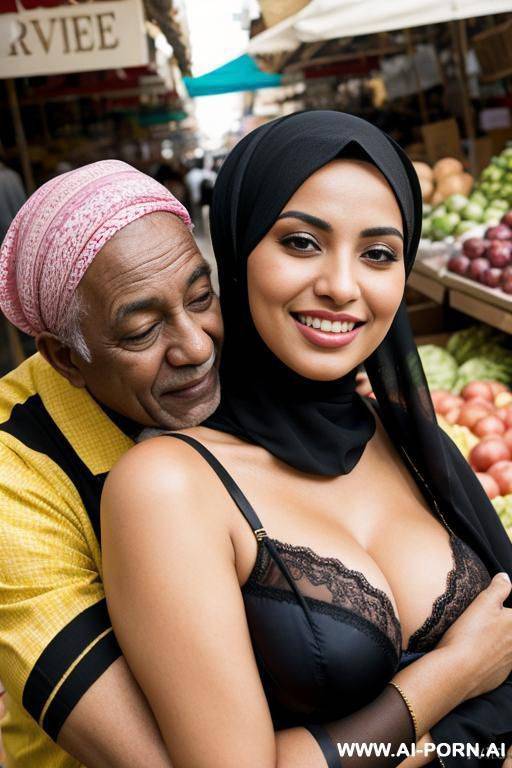 smiling curvy egyptian busty wearing hijab and lingerie hugging from black grandpa in market - #main