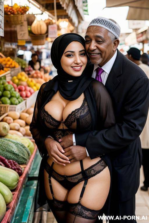 smiling curvy egyptian busty wearing hijab and lingerie hugged from black grandpa in market - #main