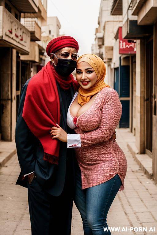 smiling curvy egyptian busty wearing hijab and red lingerie hugged from black grandpa in street - #main