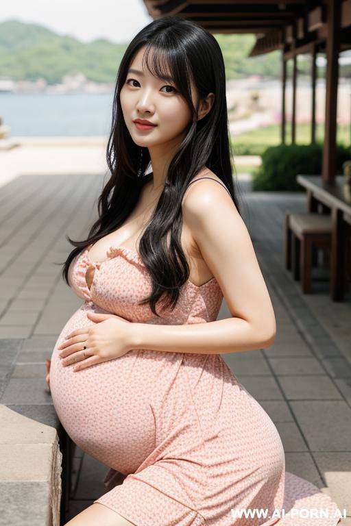 korean woman, ((detailed face)), pregnant, wearing a sundress, posing outdoors. - #main