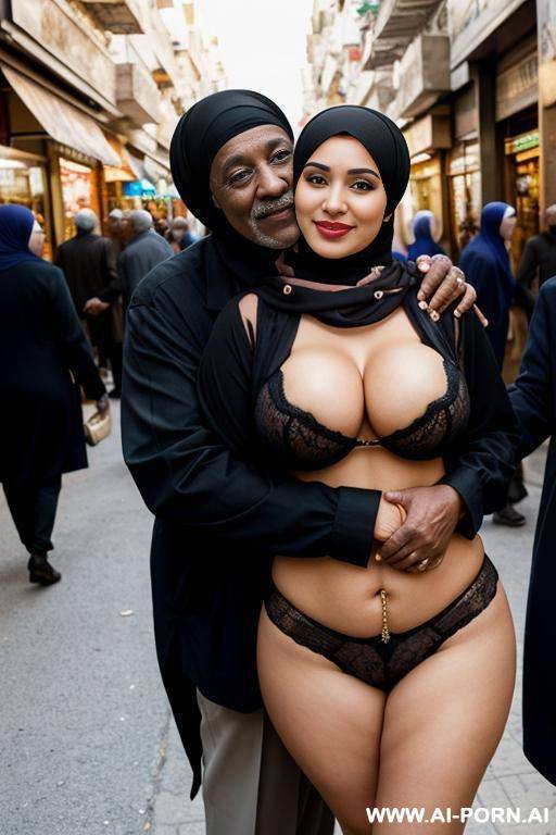 smiling curvy egyptian busty wearing hijab and lingerie hugged from black grandpa in crowded street - #main