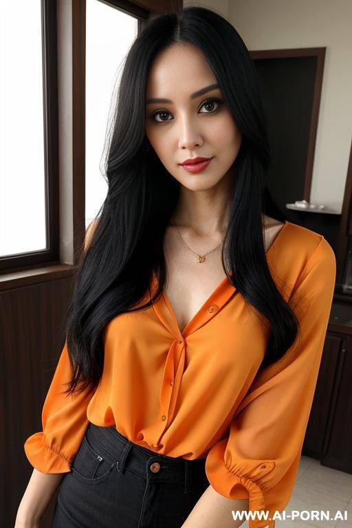 woman long hair orange blouse selfie - #main