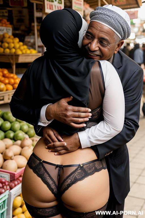 smiling curvy egyptian busty wearing hijab and lingerie hugged from back from black grandpa in market - #main