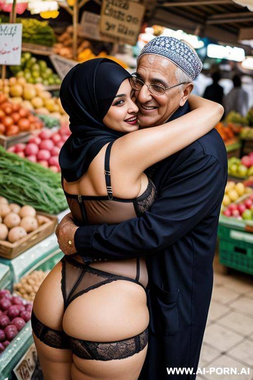 smiling curvy egyptian busty wearing hijab and lingerie hugging grandpa in market - #main