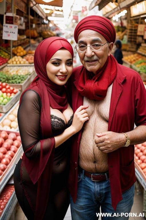 smiling curvy egyptian busty wearing hijab and red lingerie hugging grandpa in market - #main