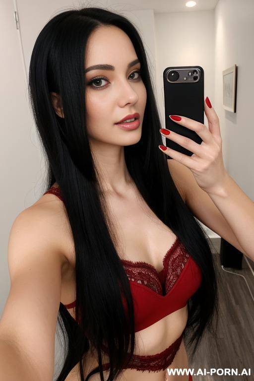 woman long hair tight lace red top selfie - #main