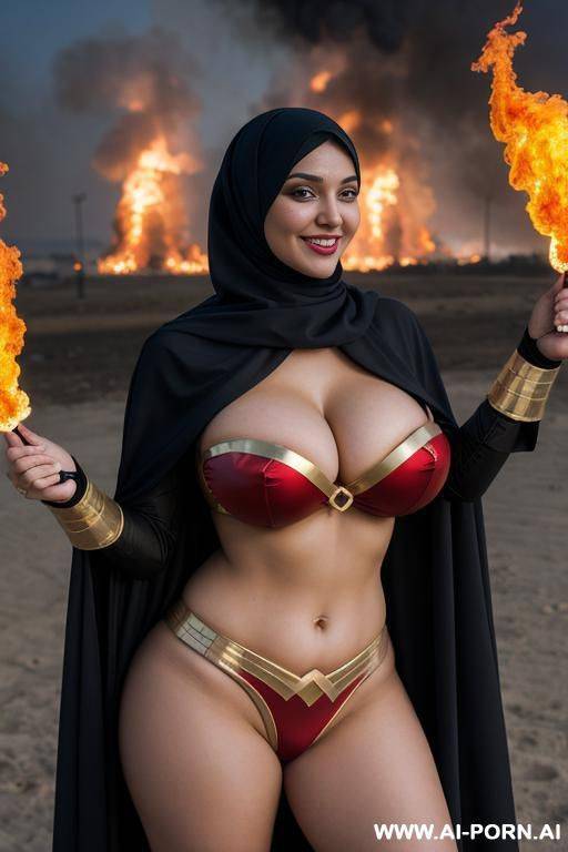 smiling curvy smiling russian busty with huge boobs wearing hijab and superwoman costume standing topless on fire - #main