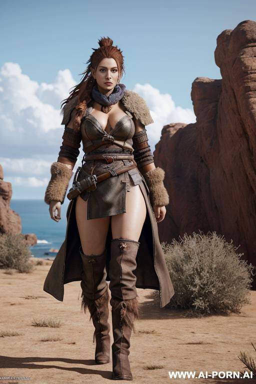 aloy, horizon zero daw, realistic photo game ,same face as character the game, big breasts, hard niplees, s in the face, nude only long open coat, full body view, very hairy pussy, realistic - #main