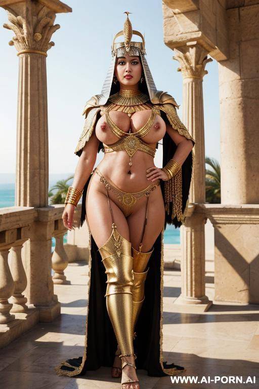 ((mature busty granny)) egyptian royalty. queen, royal necklace, pierced navel, rings, long nipples, tiara, large nipples, bracer, head dress, large areolas, oversized boobs, anklet, huge nipples, gold - #main