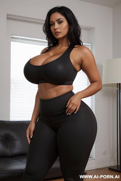 gigantic boobs, (crop top), milf, dark tanned skin, curvy, thick thighs, big ass, black hair - #main