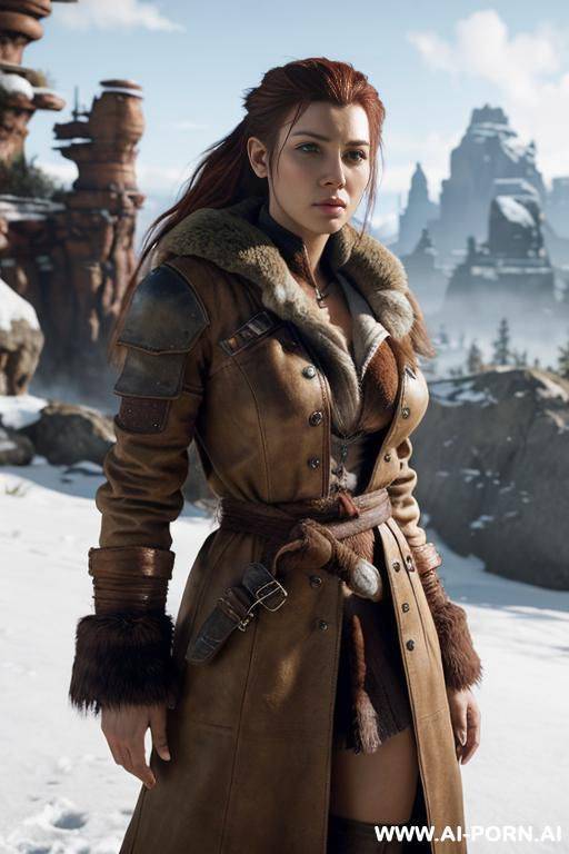 aloy, horizon zero daw, realistic photo game ,same face as character the game, big breasts, hard niplees, s in the face, nude only long open coat, full body view, very hairy pussy, realistic - #main