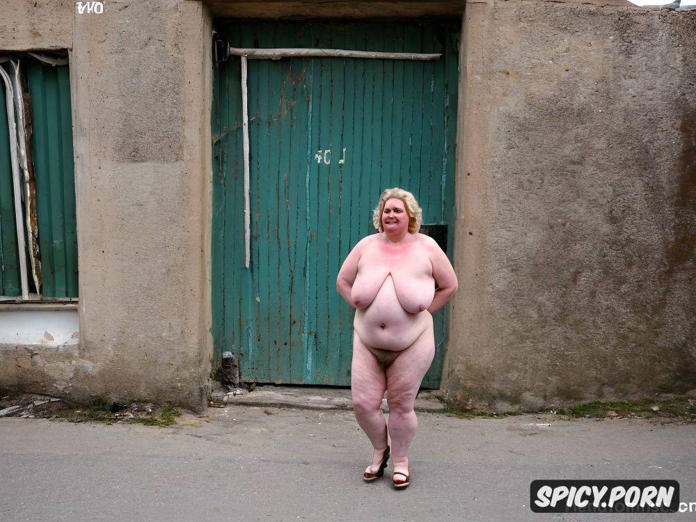 very fat cute very stupid russian amateur dumb nude granny, standing straight in east european high apartment concrete buildings populated streets large view with people in backround - #main