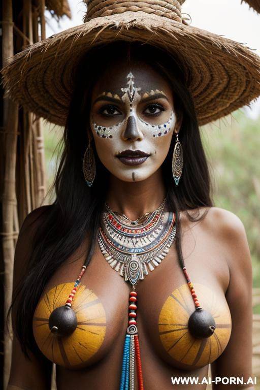 inland tribal woman, body full of traditional paint, big breasts, skull necklace - #main