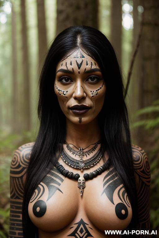 inland tribal woman, body full of traditional tatto paint, big breasts, skull necklace, inland forest - #main