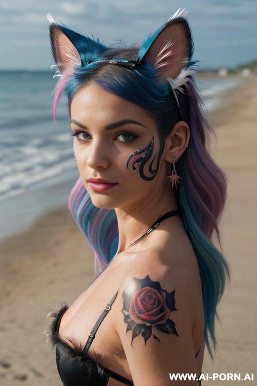 face, sexy, beautiful, ((face painting)), ((bikini as seashell)), ((tattoo roses)), ((eyes shw)), ((angel wings)), ((rainbow hair)), ((long bu hair)), ((wind)), (( cat face)), (( cat ears)), (((feather earrings)), neckless, full view, wide angle view - #main