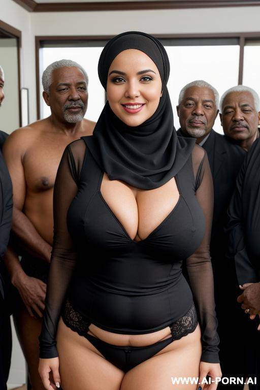 smiling curvy busty wife with huge boobs wearing hijab standing surrounded by many black old men - #main