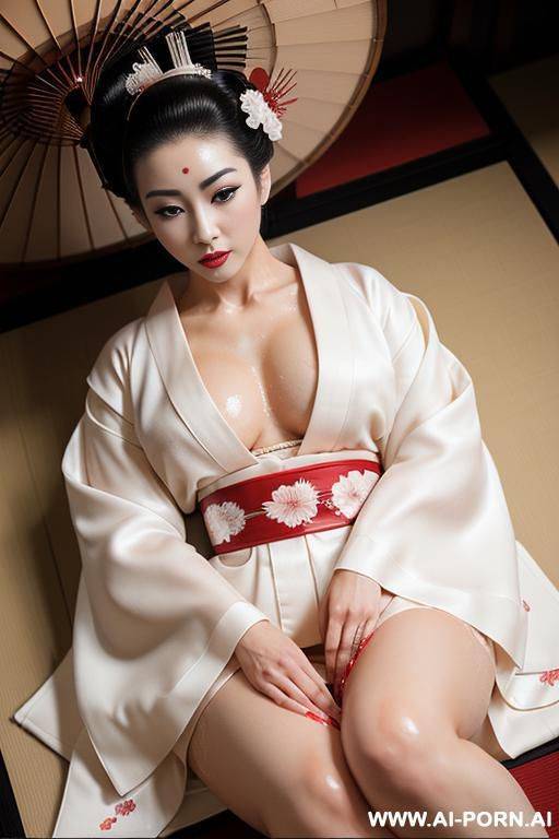 (ultra-realistic, life-like photograph of ((a beautiful, kawaii geisha) lying on the floor, spreading her legs wide open, fully exposing her (wet crotch) and (sore, gaping vagina))), (ultra-realistic - #main