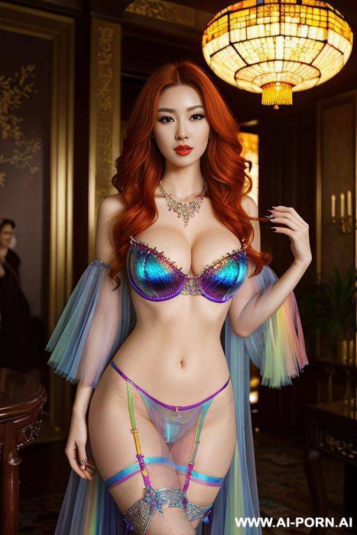 chinese, rainbow transparent corset，tutu skirt， mesh robe，rainbow transparent bra ,necklace，rainbow large pointed thigh-high boots ,bright light - #main