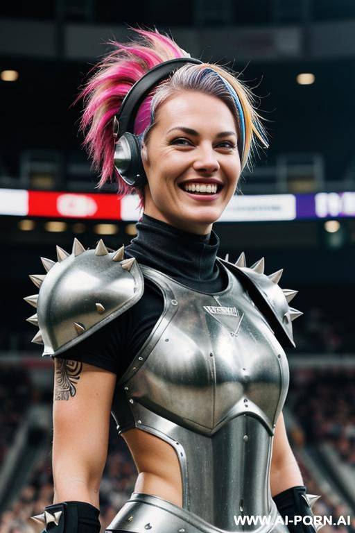 woman in steel spiky armour in a steel arena. football helmet with visor. speedball. short punk hairstyle. - #main