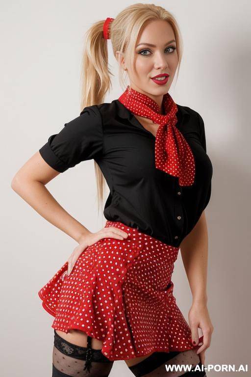 blonde hair, 0s ponytail, red bandana, black polka dot skirt, front view, black blouse, full body - #main