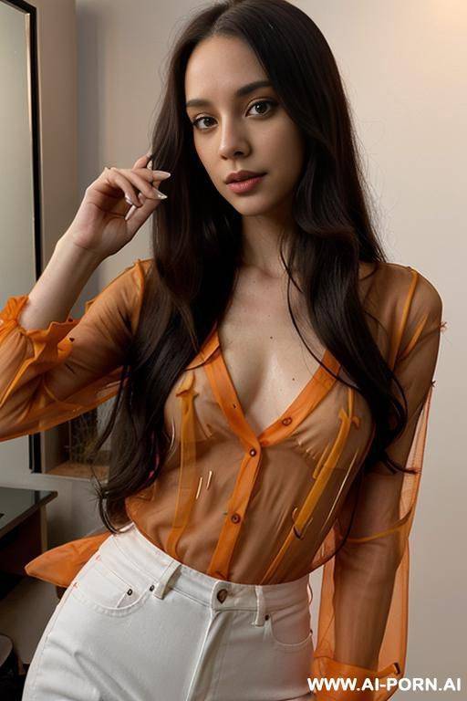 woman long hair orange transparent blouse selfie - #main