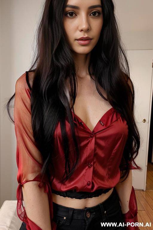 woman long hair red blouse selfie - #main