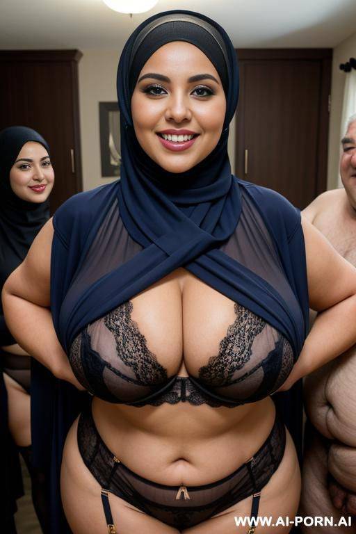 smiling curvy busty wife with huge boobs wearing hijab and lingerie standing surrounded by many fat old men - #main