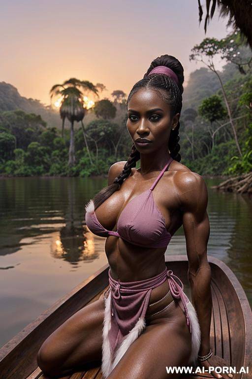 beautiful fit ethiopian woman, (lean toned body), (((defined muscles))), ((abs)), (((((perfect boobs))))), (((huge boobs))), ((long gray braided hair)), (((fur loincloth))), squatting on a wooden raft - #main