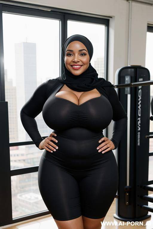 smiling curvy busty wife with huge boobs wearing hijab fully naked standing with black guy in gym - #main