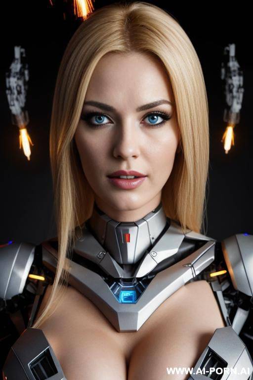 damaged blonde robot, robotic parts and sparks visible inside damaged chest, huge tits, partly robotic face - #main