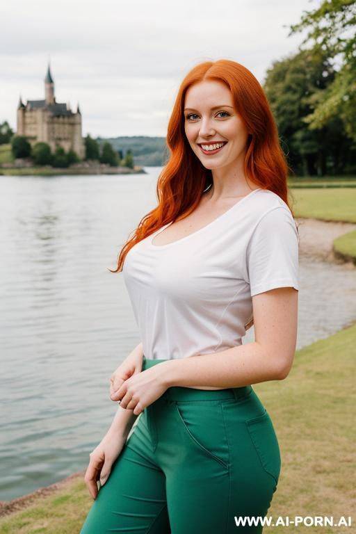 beautiful woman, british, redhead, medium hight, mid 20s, long hair, natural boobs, big ass, in front of a lake with a british castle in background, white t-shirt, green pants, - #main