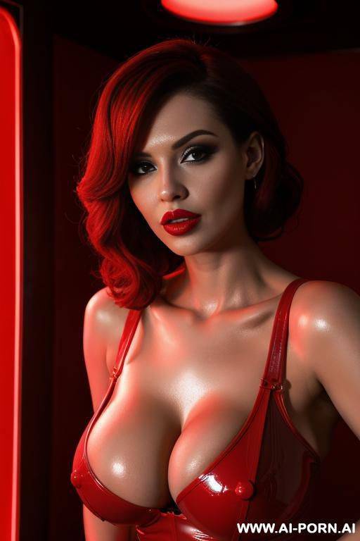 red latex, bimbo, cleavage, massive fake tits, full lips, erotic room, red lights - #main