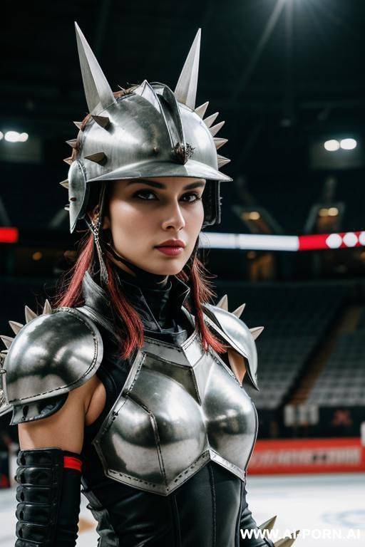 woman in steel spiky armour in a steel arena. steel helmet with visor. speedball. punk hairstyle. - #main