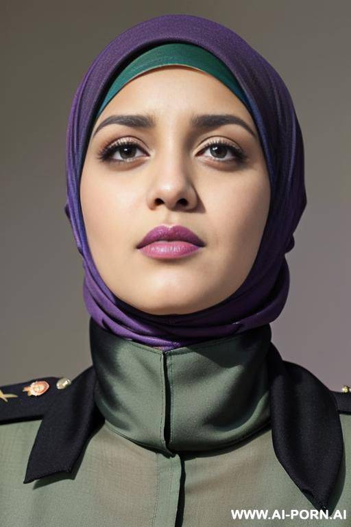 (((mu, half purple hijab, black hair, green eyes and looking up, 1 old years, stand up))), ((sexy uniform military, hands cuffed nas crying)) - #main