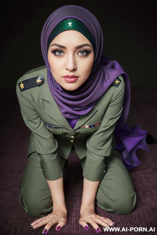 (((mu, half purple hijab, black hair, green eyes and looking up, 1 old years, stand up))), ((sexy uniform military, hands cuffed)) - #main