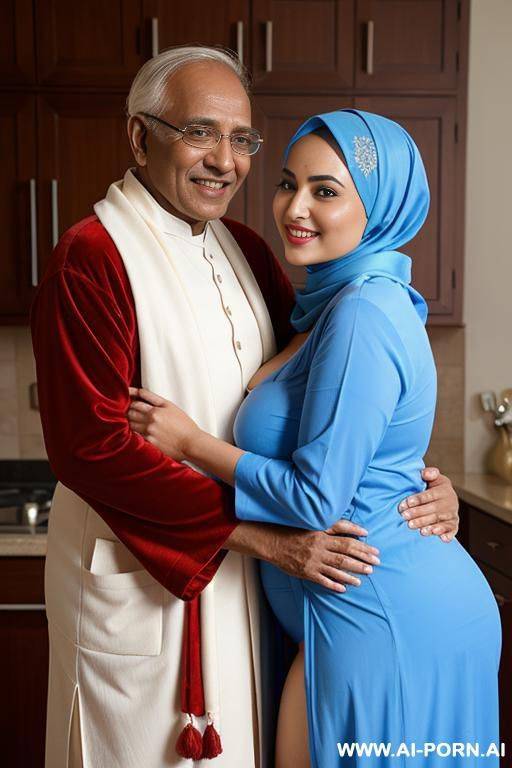 smiling curvy busty white wife wearing hijab and red robe showing blue underwear standing and hugged from indian old man - #main