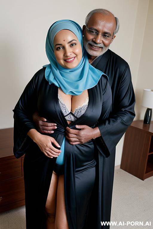 smiling curvy busty white wife wearing hijab and black robe showing blue underwear standing and hugged from indian old man - #main