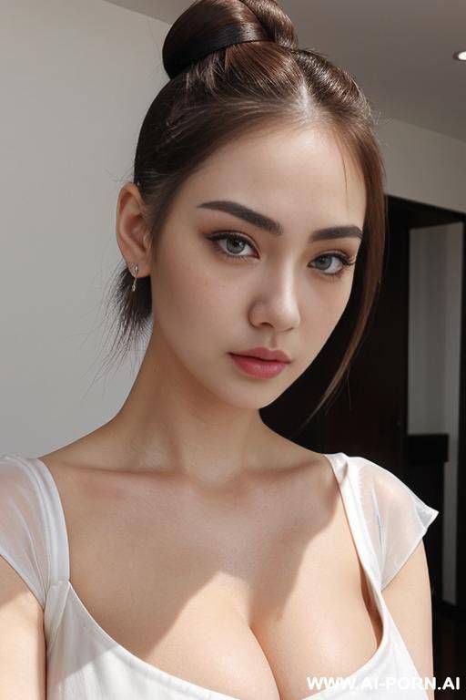 light & pallid skin, (cropped top with cap-sleeve), (white skin & pallid), round face, (compact hair-bun), (teardrop oversized saggy breasts), (pallid voluptuous), (cleavage line) - #main