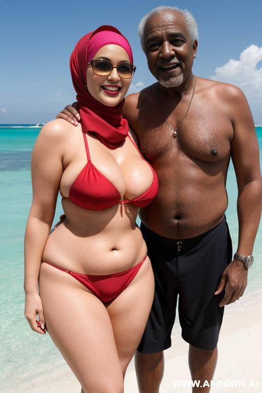 smiling curvy busty white wife wearing hijab and red bikini standing and hugged from black old man - #main