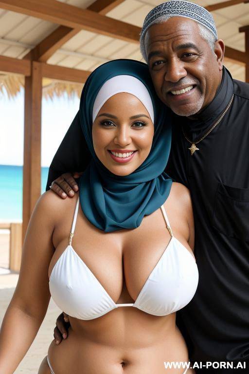 smiling curvy busty white wife wearing hijab and colored bikini standing and hugged from black old man - #main