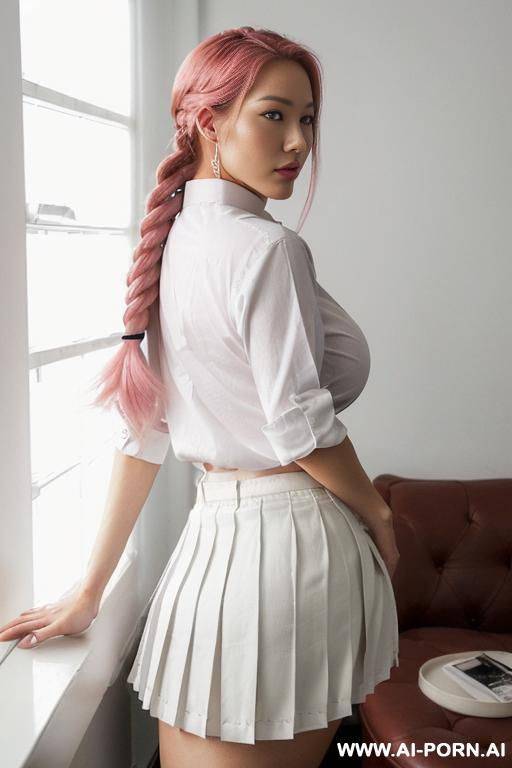 a half-korean + half-japanese supermodel, gorgeous and 15cm tall, wearing ((((a relaxed-fit white cotton shirt, buttoned up to the collar, paired with a matching pleated skirt that falls just above - #main