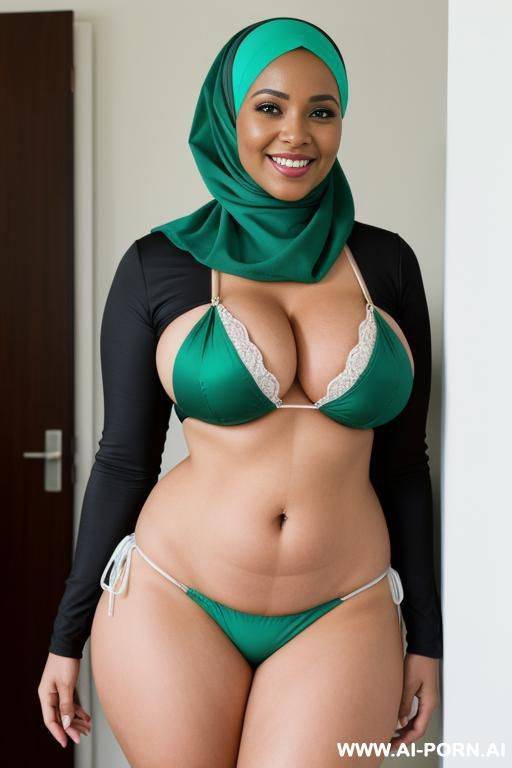 smiling curvy busty white wife wearing hijab and green bikini standing and hugged from black man - #main