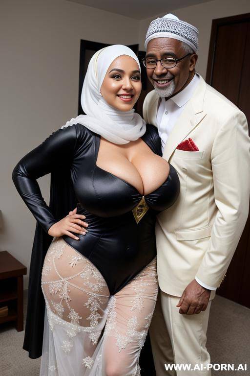 smiling curvy busty white wife with huge boobs wearing hijab and superwoman costume standing and hugged from black old man - #main