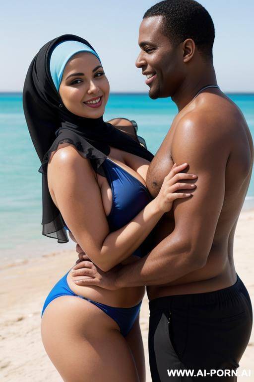 smiling curvy busty russian wife wearing hijab and blue bikini standing and hugged from black man - #main