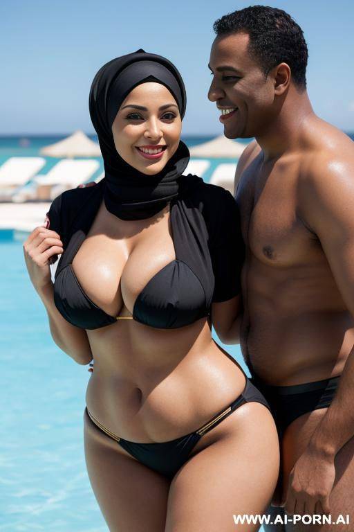 smiling curvy busty russian wife wearing hijab and bikini standing and hugged from black short man - #main