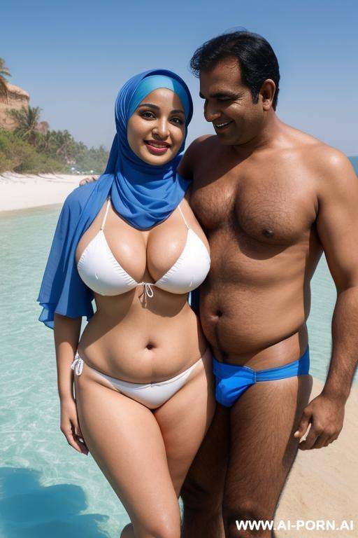 smiling curvy busty white wife wearing hijab and blue bikini standing and hugged from indian man - #main